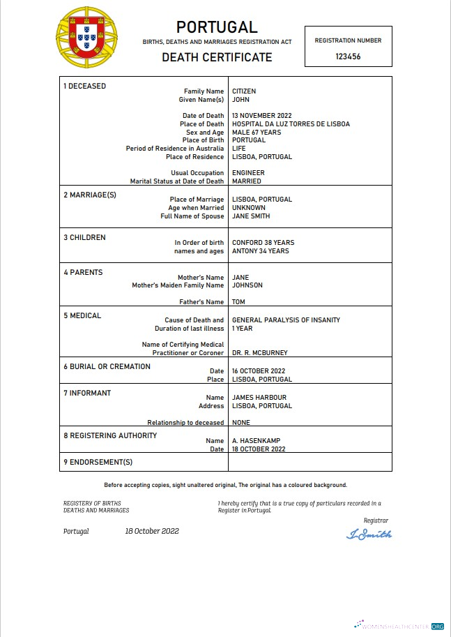 Download Portugal death certificate Word and PDF template Photoshop template